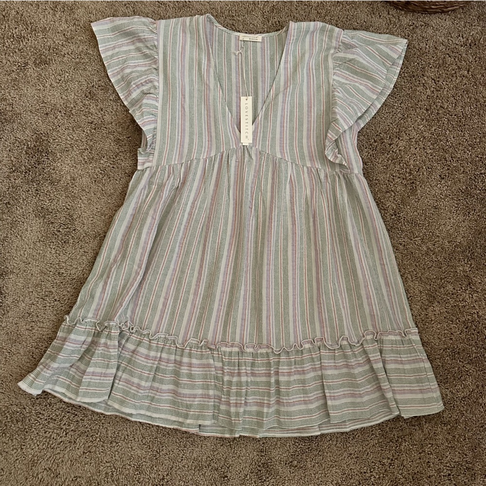 007.NWT Natural/Lilac/Green Stripe Babydoll V-Neck Dress - Picture 3 of 12
